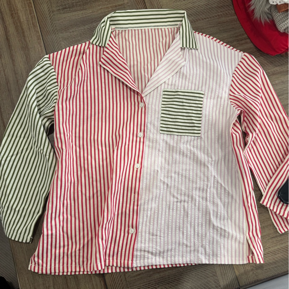 Striped Pink and Green Button-Up Shirt